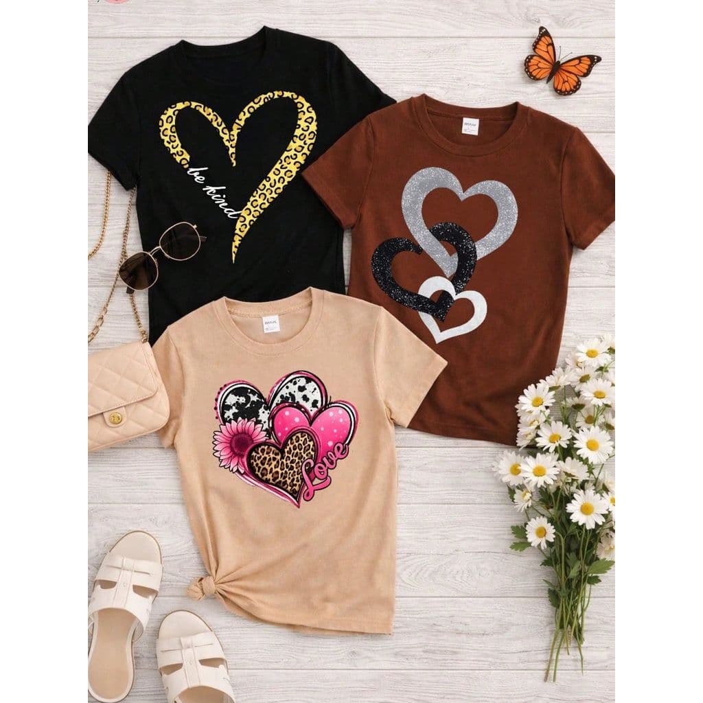 Kit 3 Blusas Femininas Estampadas 100% Algodão Coração Love Casual Baby Look Moda  P ao GG