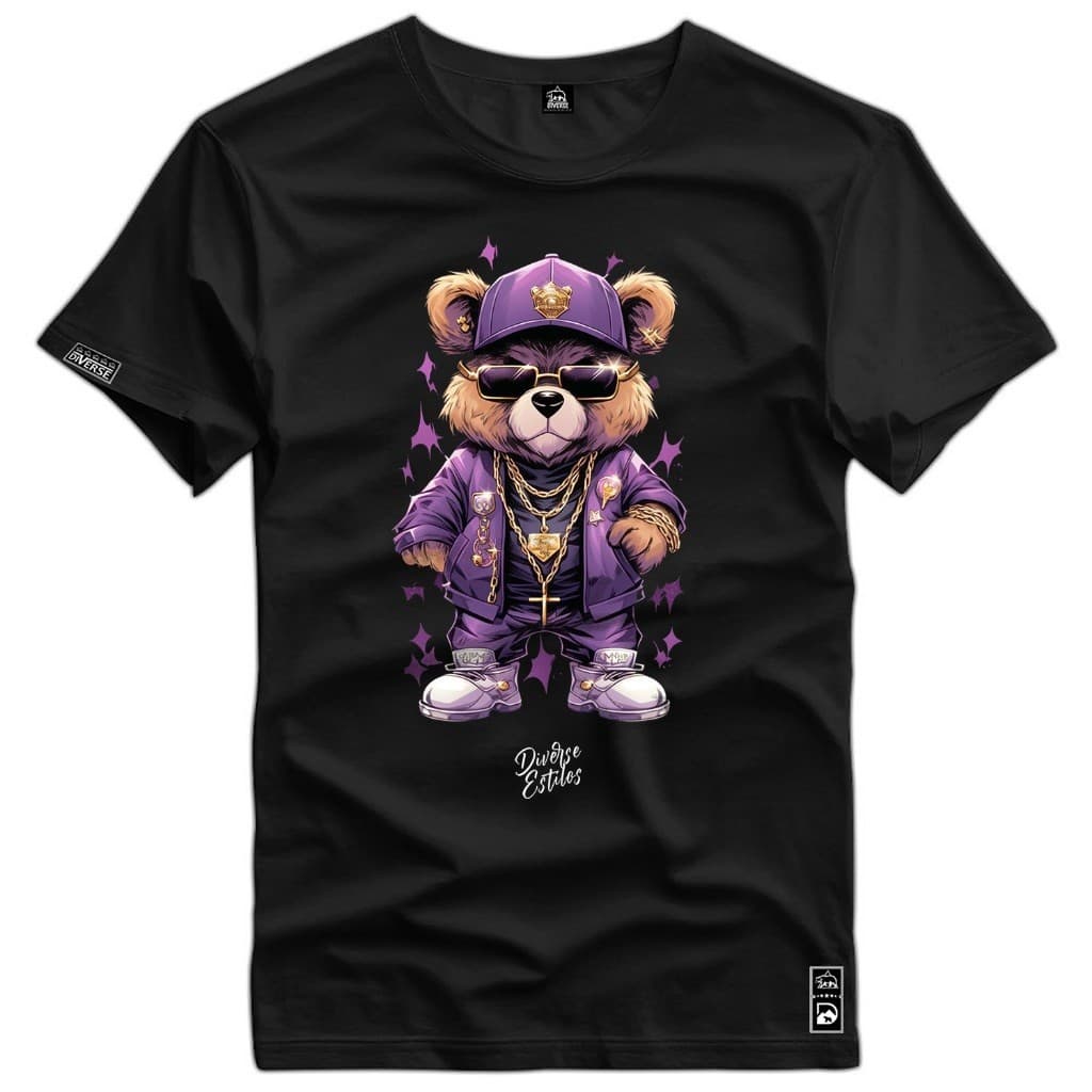 Camiseta Masculina Preta Urso Hype Roxo Trap Streetwear Gringo Algodão Estampa Premium