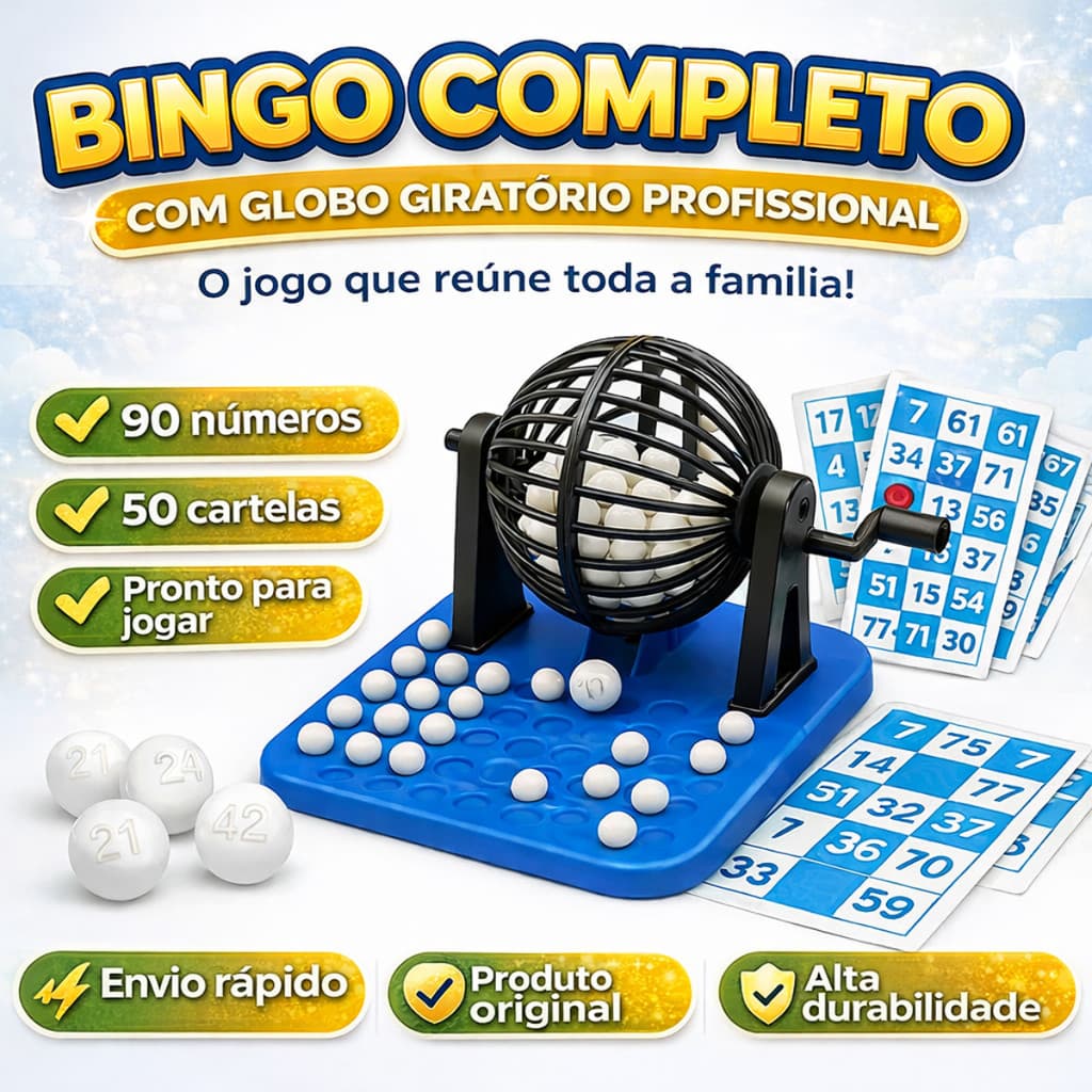 Kit Bingo Completo 90 Números Globo Giratório + 50 Cartelas Jogo Clássico