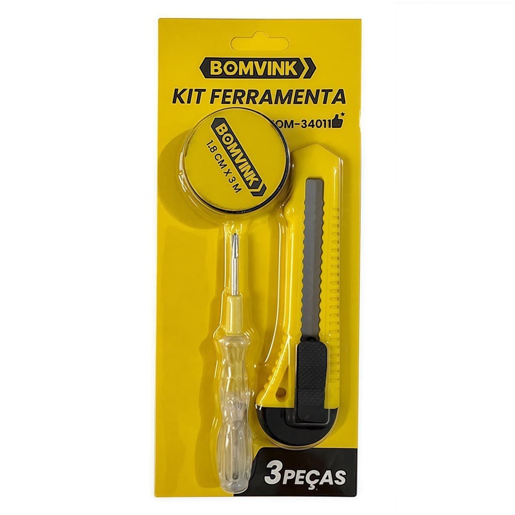 Kit de Ferramentas Profissional: Fita Isolante 1.8cm x 3m + Estilete Ergo + Caneta Teste Cristal Dupla Ponta