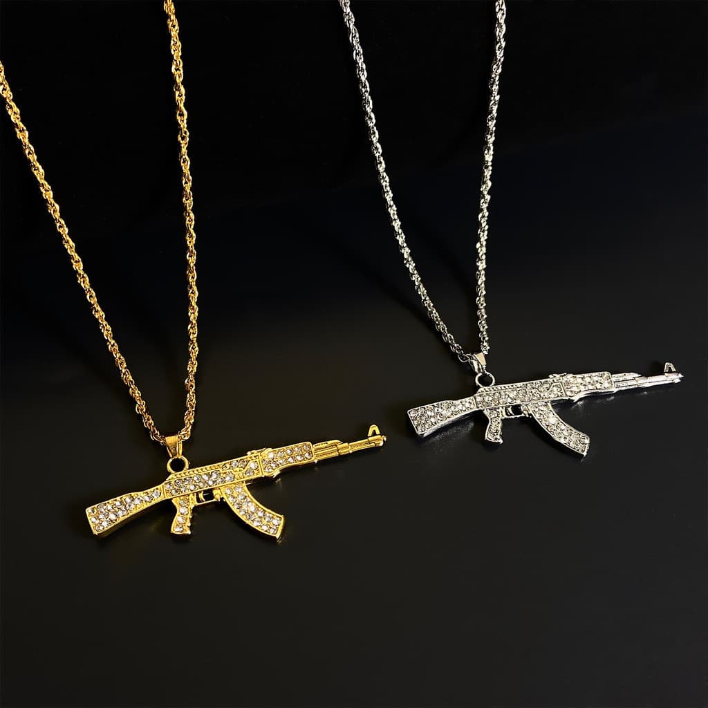 Punk Hip Hop cheio de diamante submetralhadora arma colar criativo único arma AK pingente jóias das mulheres dos homens