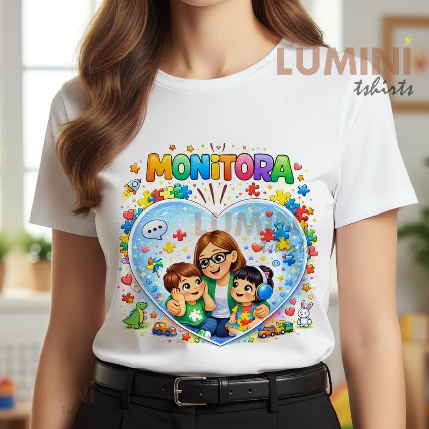 Blusa Tshirt MONITORA Coração azul Professora e Criancinhas cuidador autismo inclusão educação infantil escola monitora