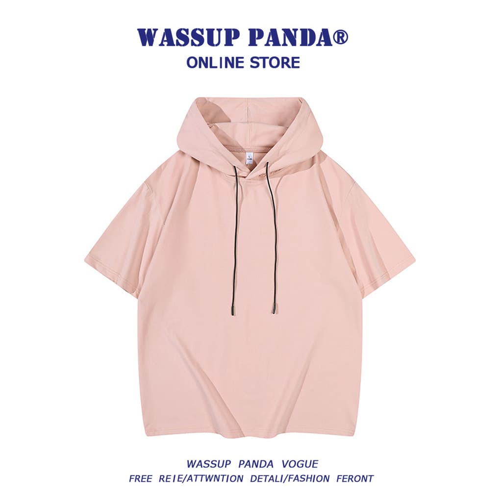 WASSUP PANDA Estilo Japonês Com Capuz Rosa Manga Curta Camiseta Masculina Verão Solto Casual Casal Roupas Top de Meia Ma