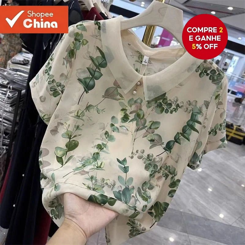 [Envio em 24 Horas] Blusas de Chiffon Floral Femininas Estilo Coreano Moda Impressa Formal Casual Elegante Manga Curta U