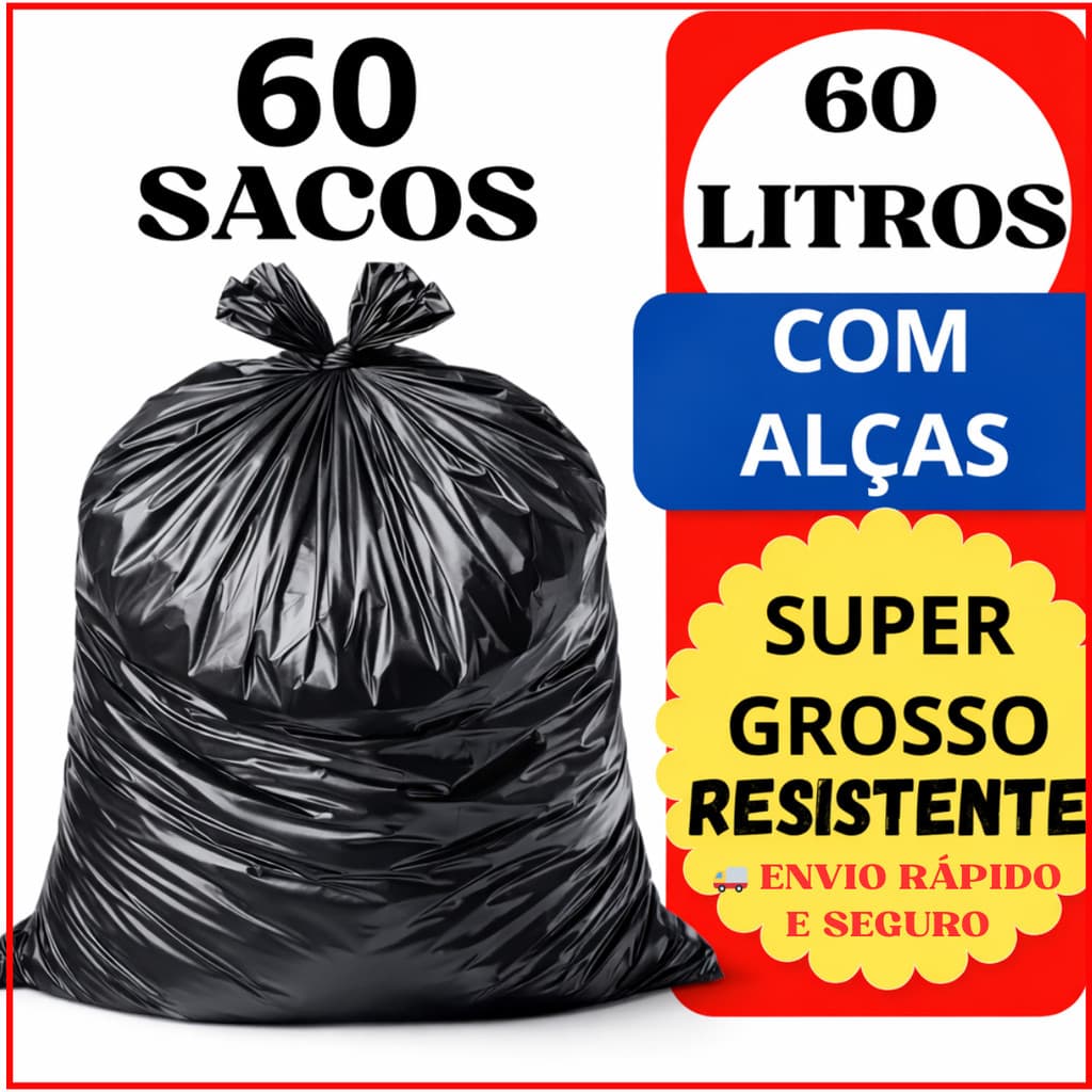 Saco de Lixo 60 Litros com Alças Reforçadas / Suporta Peso – Pacote 60 Unidades – Super Grosso, Resistente e Não Rasga