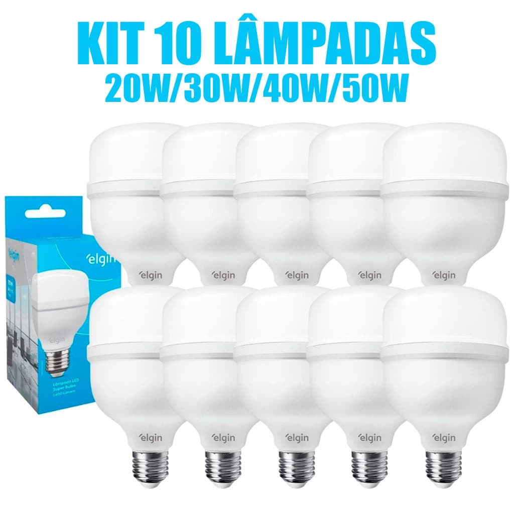 Kit 10 Lâmpadas Led Elgin Bulbo Alta Potência 20w 30w 40w 50w Bivolt 110/220V 6500k Luz Branco Frio