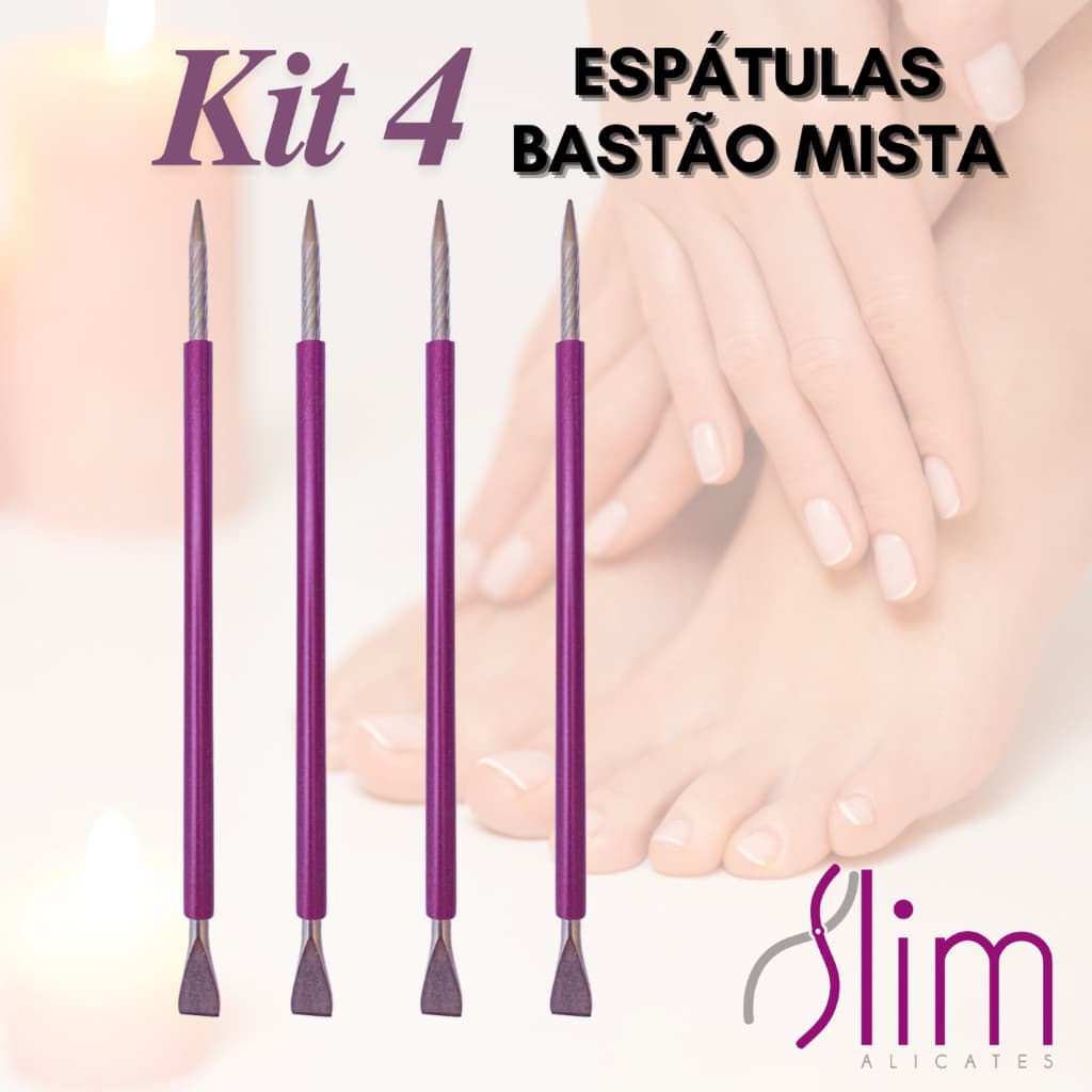 Kit 04 Espátulas Slim -  Bastão Mista Unha Inox Com Silicone Roxo Cutelaria Manicure