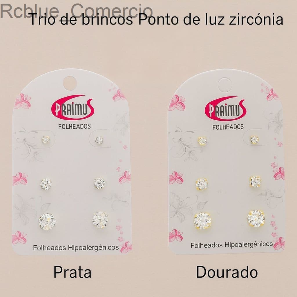 (V)Trio de Brincos Ponto de Luz Zircônia – Folheados Hipoalergênicos (Prata e Dourado)