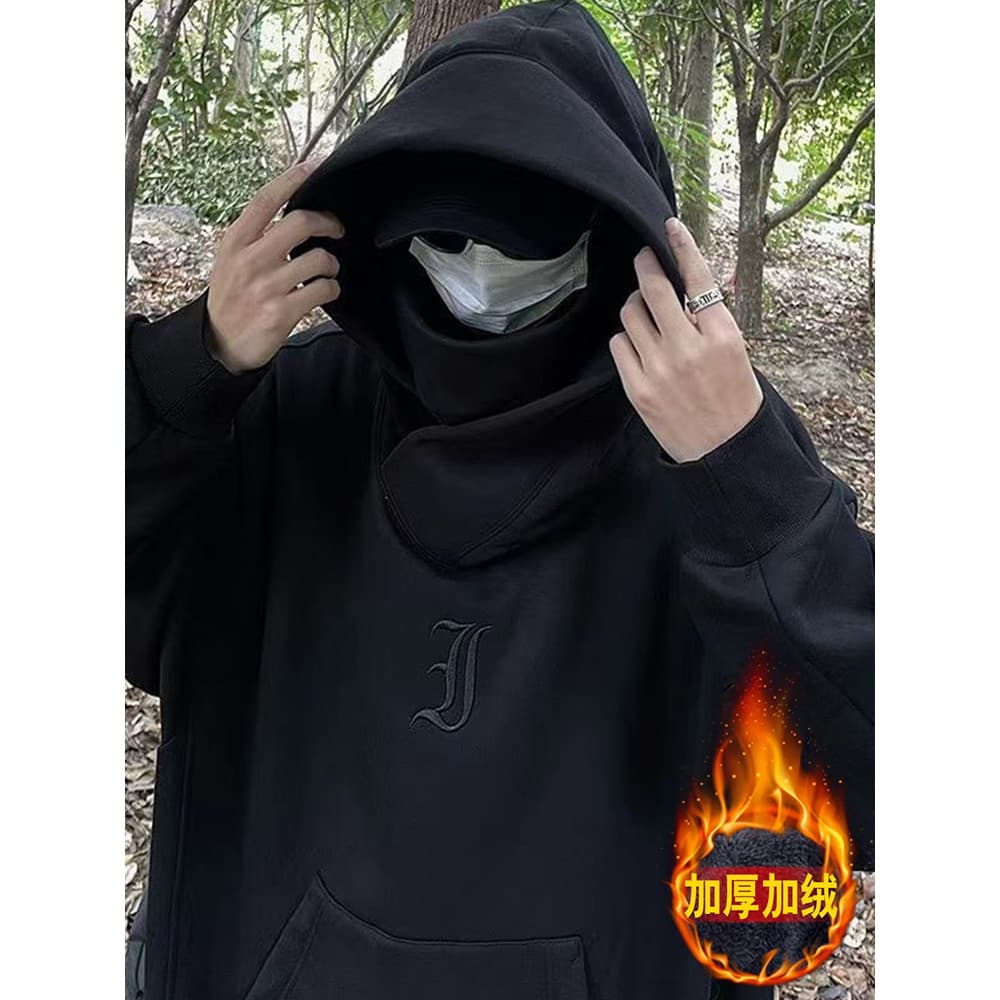 Ninja pilha gola jaqueta moletom masculino com capuz inverno americano vibe forro de lã engrossado função solta europeu