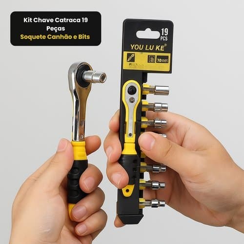 Kit Chave Catraca Soquetes Canhao Bits 19 Pecas Manutencao Automotiva Domestica Duravel