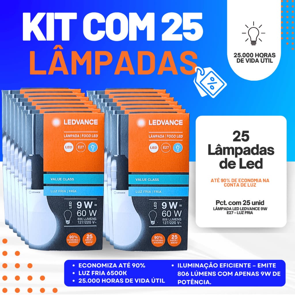 Kit 25 Lâmpadas LED 9W LEDVANCE E27 Luz Fria Bivolt Econômica Original