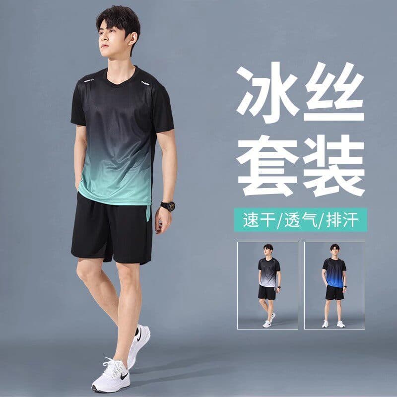 Roupas de Fitness masculinas de seda gelo manga curta camiseta de secagem rápida verão terno esportivo basquete manhã co