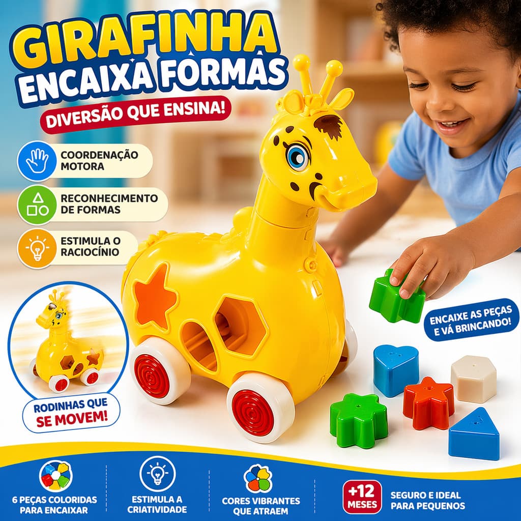 Brinquedo Educativo Girafa Lola Didática com Rodas e 6 Peças Encaixe - Kendy