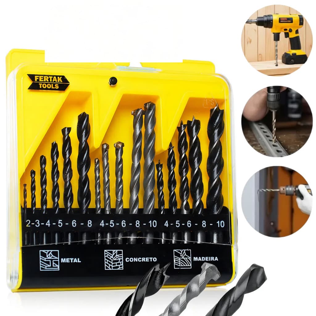 Jogo De Brocas Kit 16 Peças Broca para Madeira Metal Concreto Videa Broca para Furadeira de Parede
