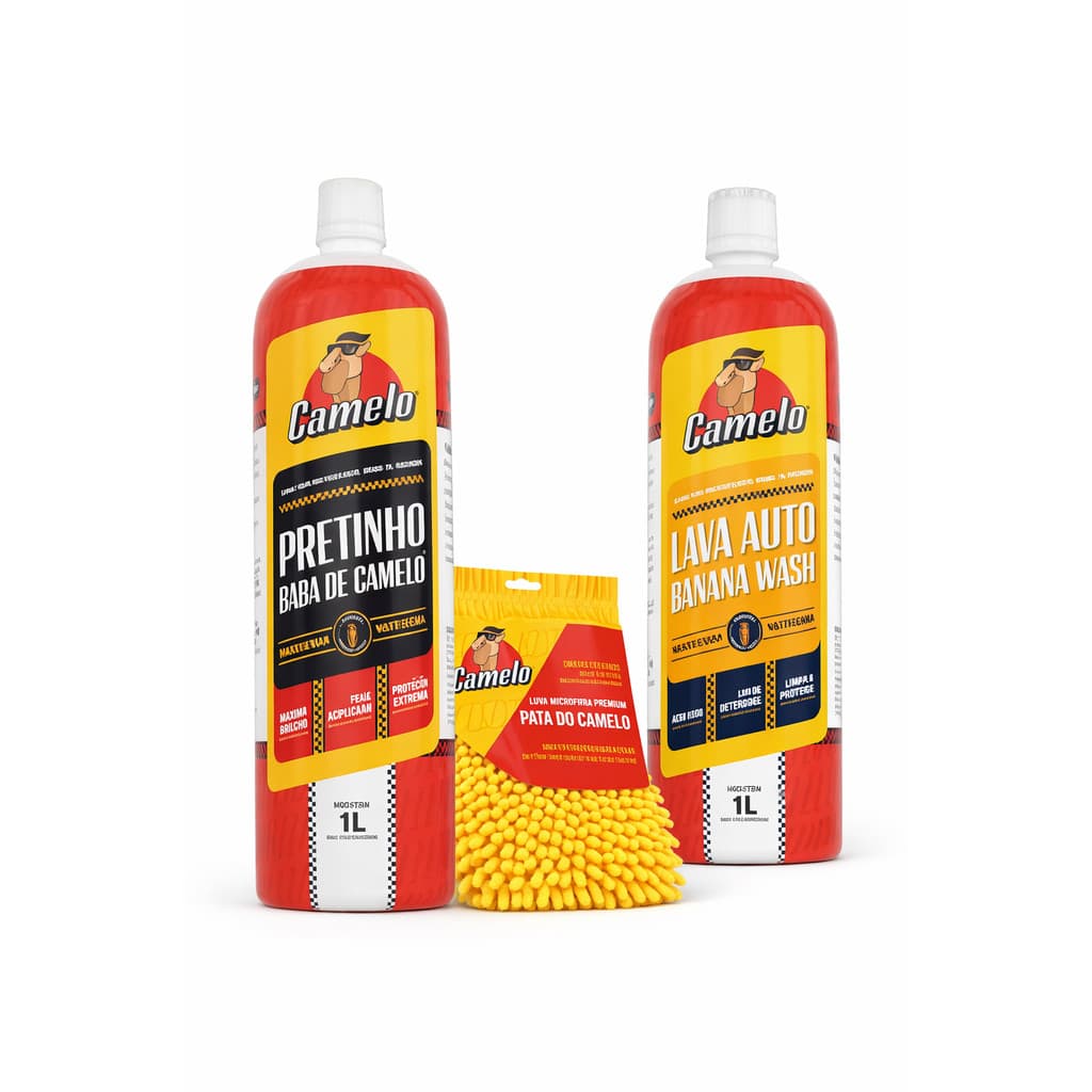 Kit Lavação de Carro Shampoo 1L + Pretinho Pneu Baba de Camelo 1L+ Luva