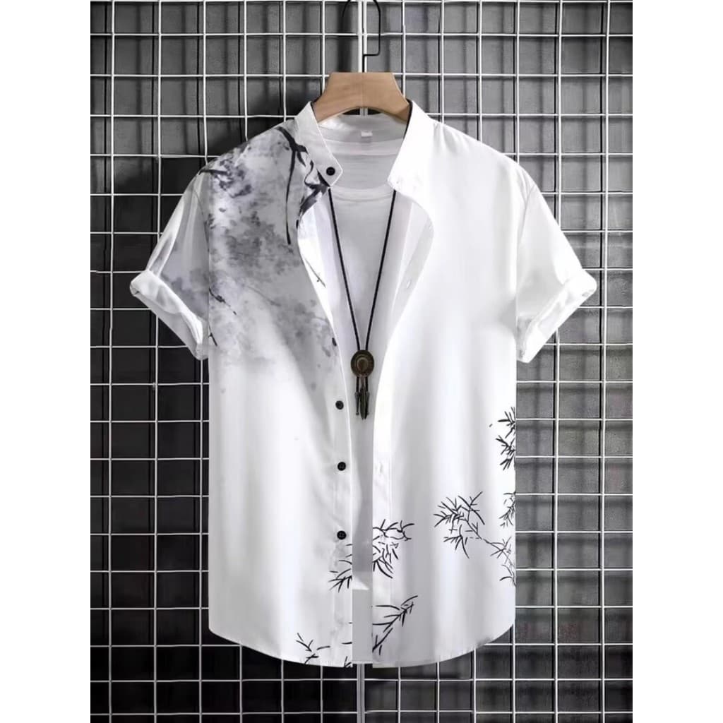 Novo estilo chinês camisa de manga curta masculina verão estilo chinês gola alta folha de bambu impresso camisa de seda