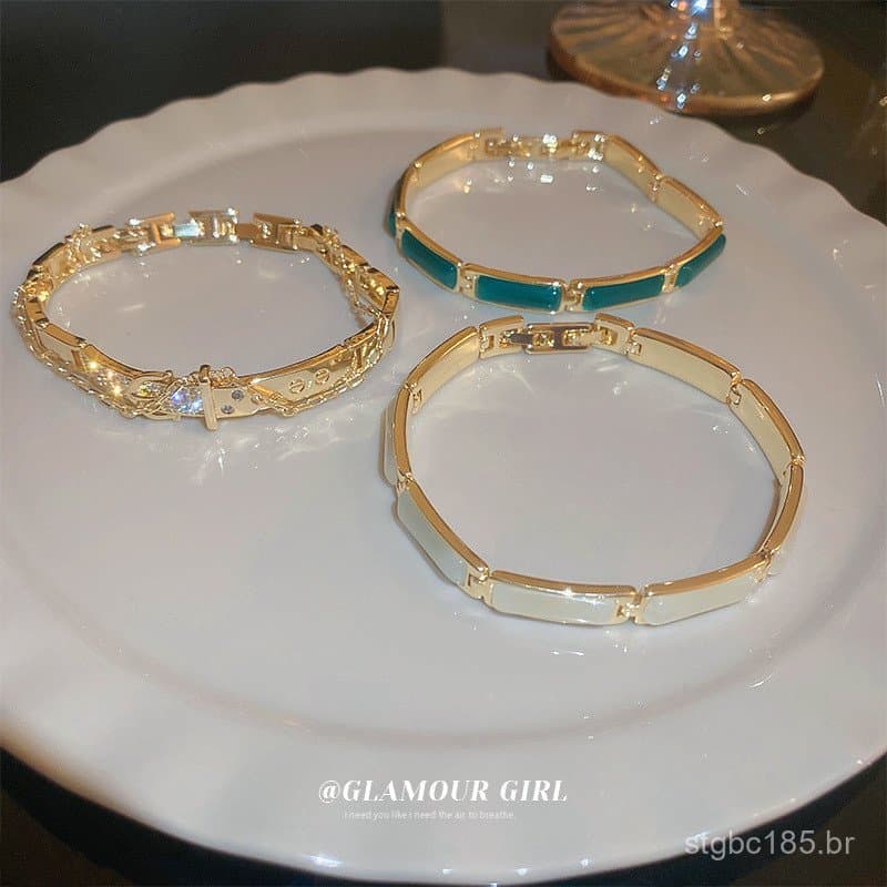 Pulseira geométrica de zircônia com pedra olho de gato banhada a ouro verdadeiro, pulseira de nicho coreana, joias de lu
