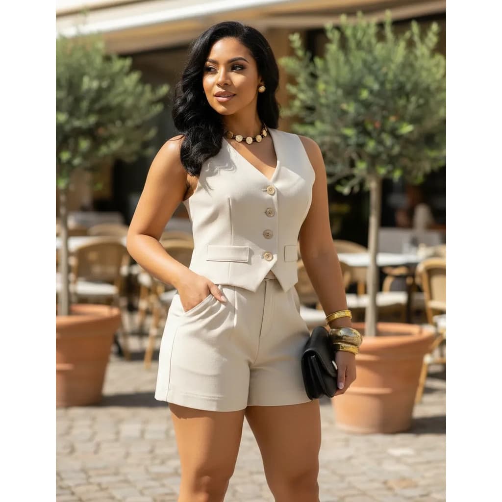Conjunto Alfaiataria Feminino Colete e Short Cintura Alta Social Verão Trabalho Premium