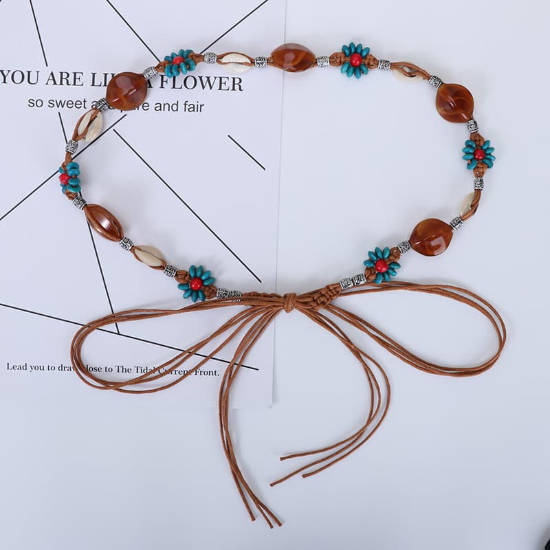 Novo produto moda estilo étnico trançado senhoras cintura fina corrente estilo boêmio saia longa com temperamento corda