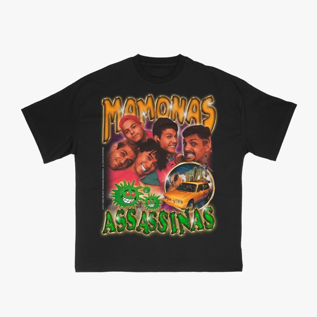 Camisa de Algodão Preta para Homens com Estampa de Personagens e Carro - Casual