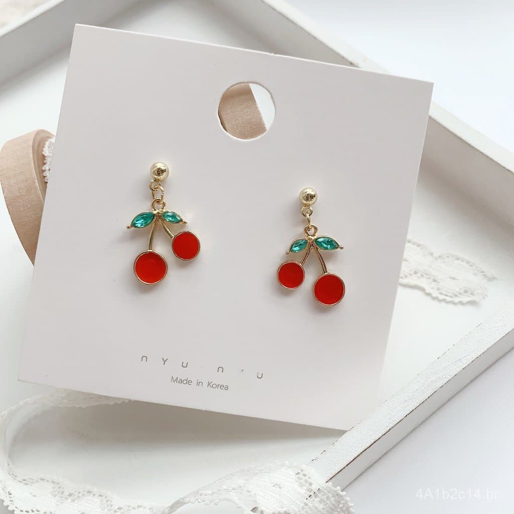 Brincos de cereja vermelha em prata 925, estilo coreano, novos, frescos e fofos para meninas, brincos pequenos de zircôn