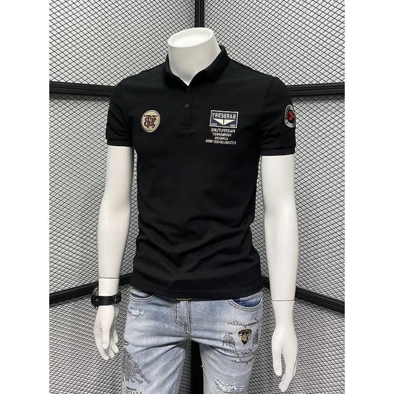 2026 verão Street Wear bordado lapela manga curta camiseta masculina moda tendência negócios Casual fino-ajuste camisa P