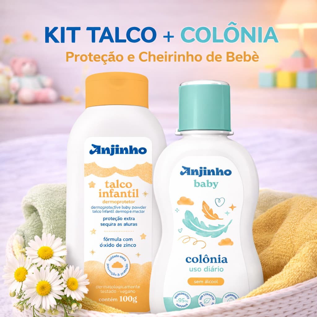 Kit Talco Infantil + Colônia Bebê Anjinho Baby | Talco 100g + Colônia Sem Álcool 100ml