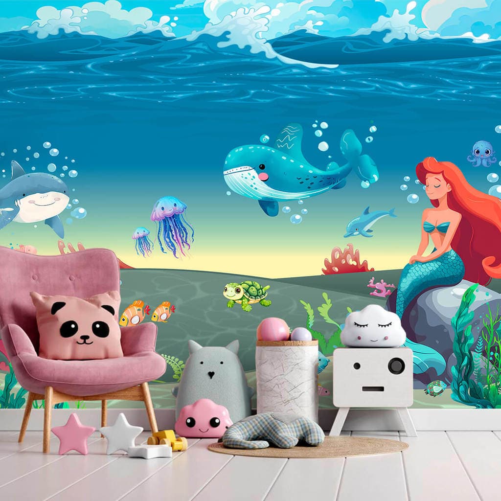 Papel De Parede Adesivo Infantil Fundo Do Mar Com Sereias