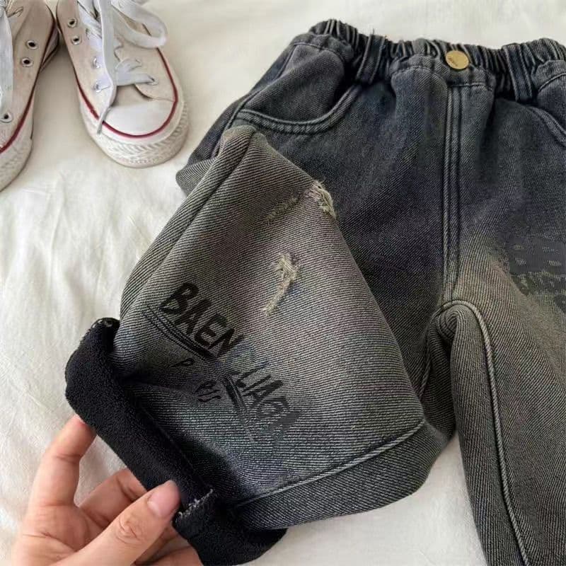 2025 calças infantis inverno novos produtos das mulheres dos homens bebê letras grossas cor gradiente mais veludo Denim