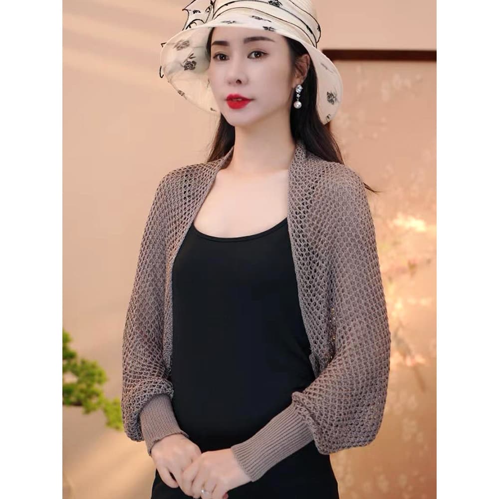 Cor sólida oco xale feminino almofadas de ombro exterior verão protetor solar elegante malha de manga comprida escritóri