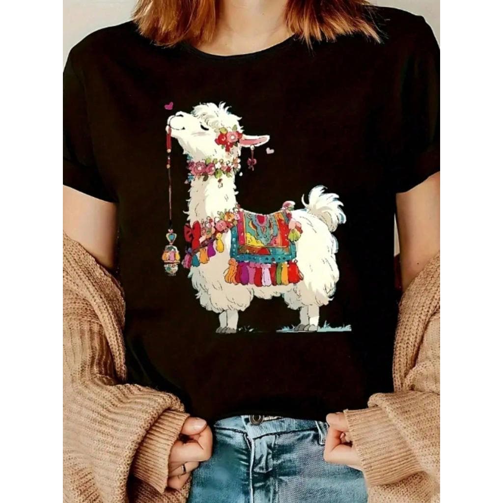 Camiseta Feminina de Gola Redonda Estampada com alpaca, Moda T-shirt Feminina com Estampa de alpaca, Camiseta Casual