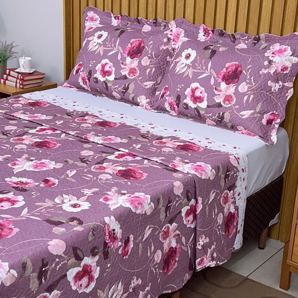 Cobre Leito King Estampado Colcha Dupla Face Matelado c/ Porta Travesseiro