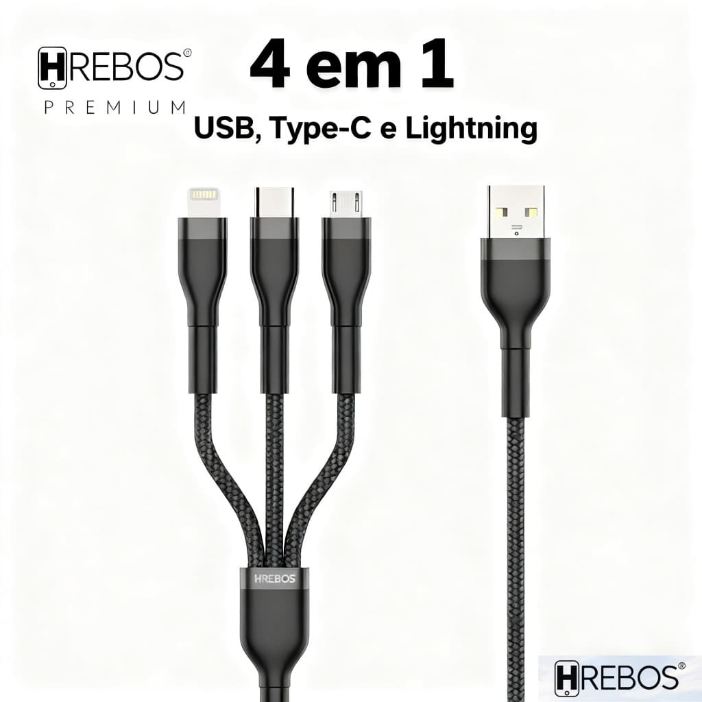 Hrebos Cabo De Carregador Preto/Branco 1.5 Metros Micro USB, Type-C e Lightning CB-204