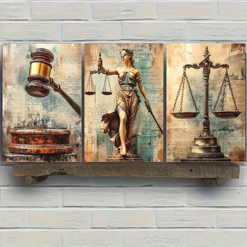 Kit 3 Quadros Justiça Rústico Vintage Temis Balança e Martelo Decoração Jurídica Clássica Escritório