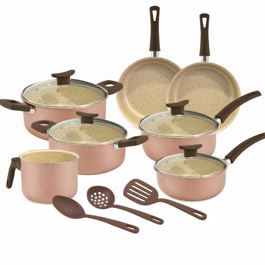 Jogo de Panelas 10 Peças Antiaderente Alumínio Teflon com Utensílios - Rose/Gold