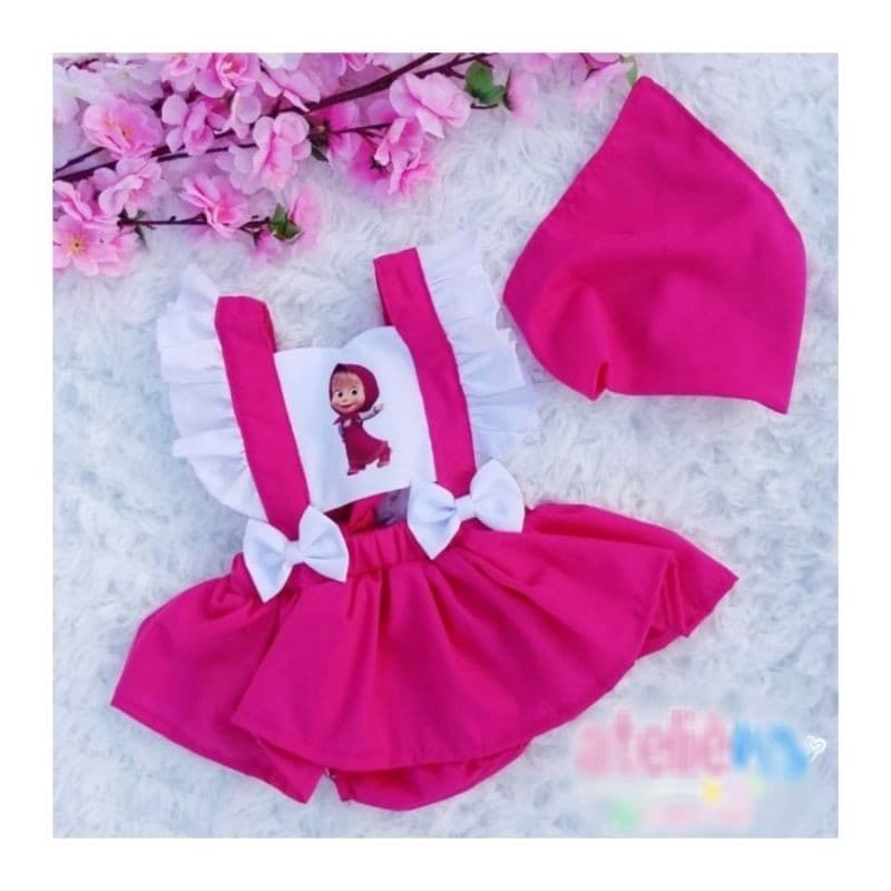 Jardineira Infantil Temática da Masha com Lenço – Mesversário, Aniversário e Ensaio Fotográfico/fantasia infantil