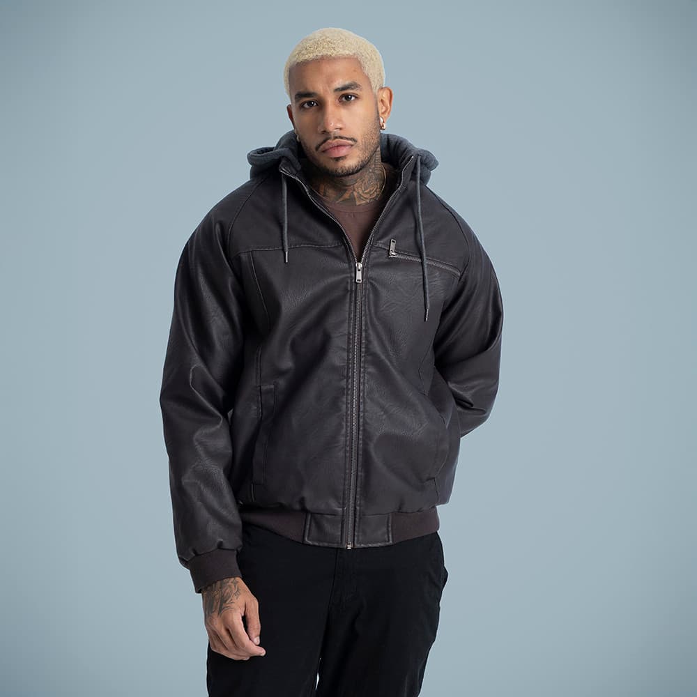 Jaqueta PU Masculina Marrom Com Capuz Moletom