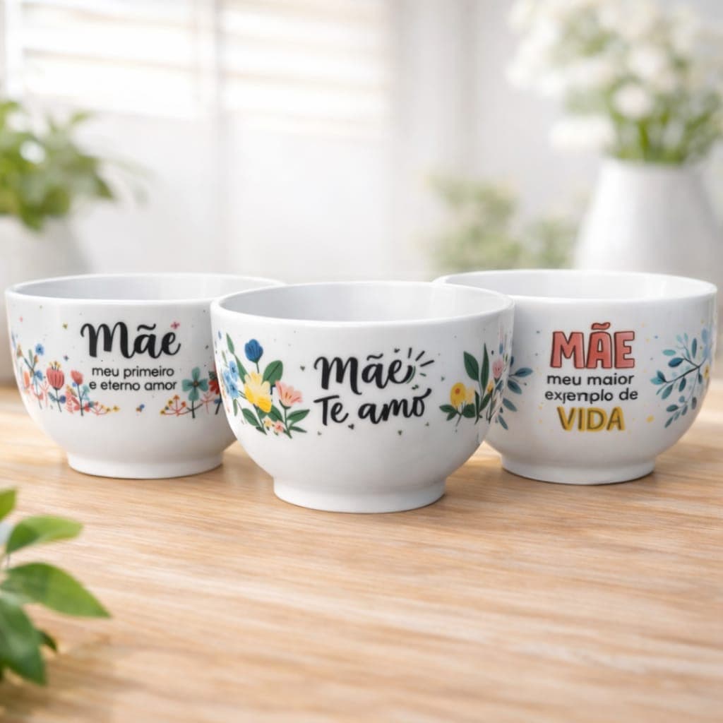 KIT CUMBUCA DECORADA DE PORCELANA TEMA MÃE - 440ML- 1ª Linha
