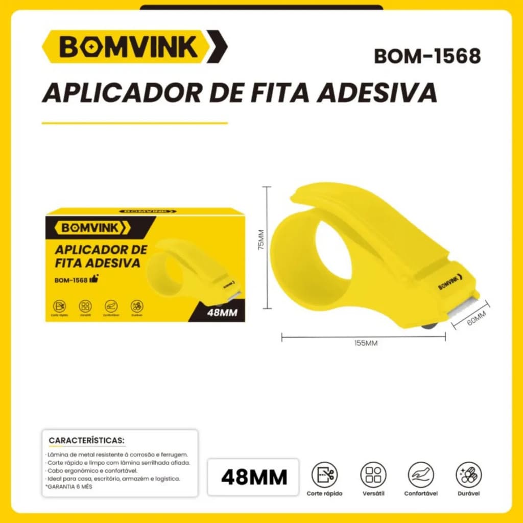 Aplicador Fita Adesiva 48mm Profissional Ergonômico Corte Rápido Alta Produtividade Dispenser Durex
