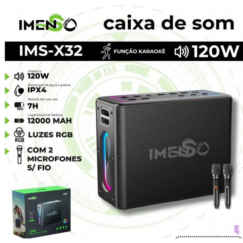 CAIXA DE SOM FUNÇÃO KARAOKÊ 120W COM 2 MICROFONES SEM FIO IMS-X32