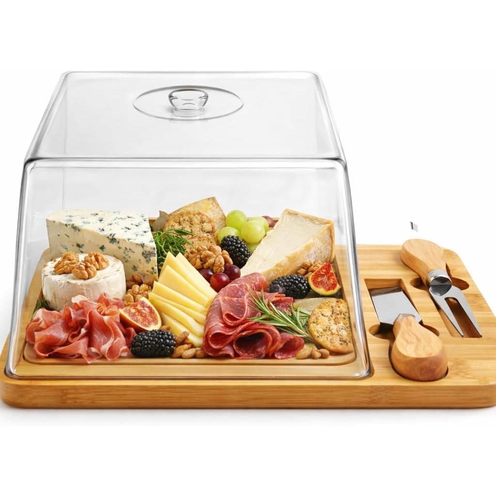 Conjunto para Queijo com Tampa Faca e Garfo Inox Tábua de Bambu 20x28cm Queijeira petisqueira