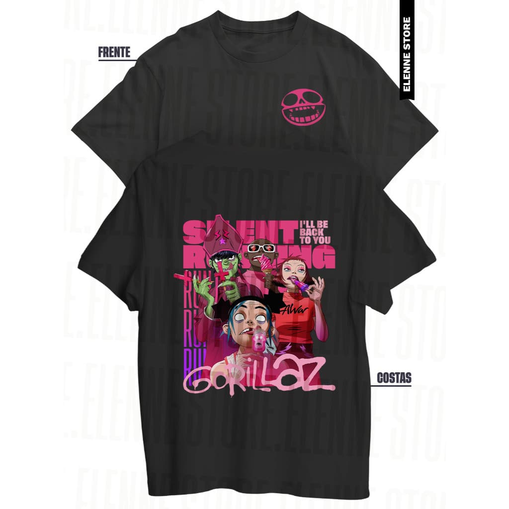 Camiseta Gorillaz 100% Algodão Estampada Silent Running Dupla Frente e costas Blusa Uinissex