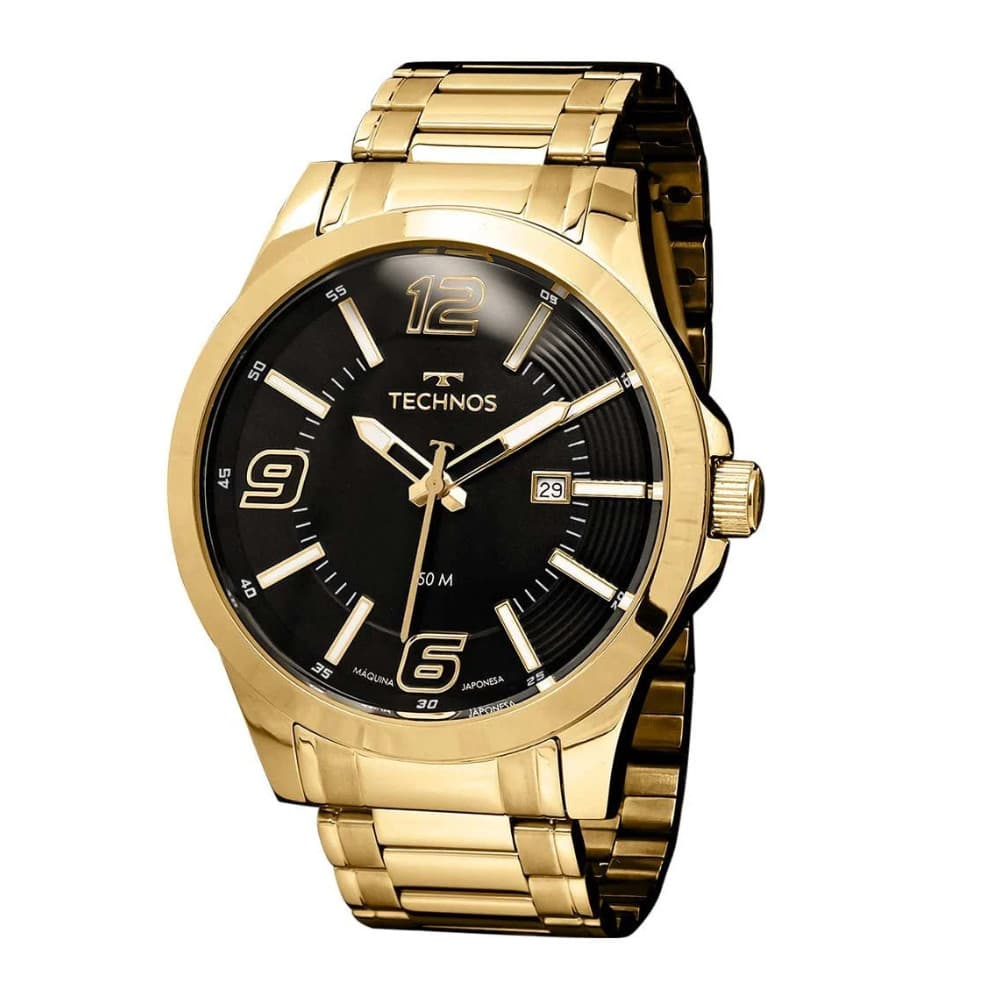 Relógio Technos Masculino Analógico Dourado com Fundo Preto e Calendário 2115MWPS/1P