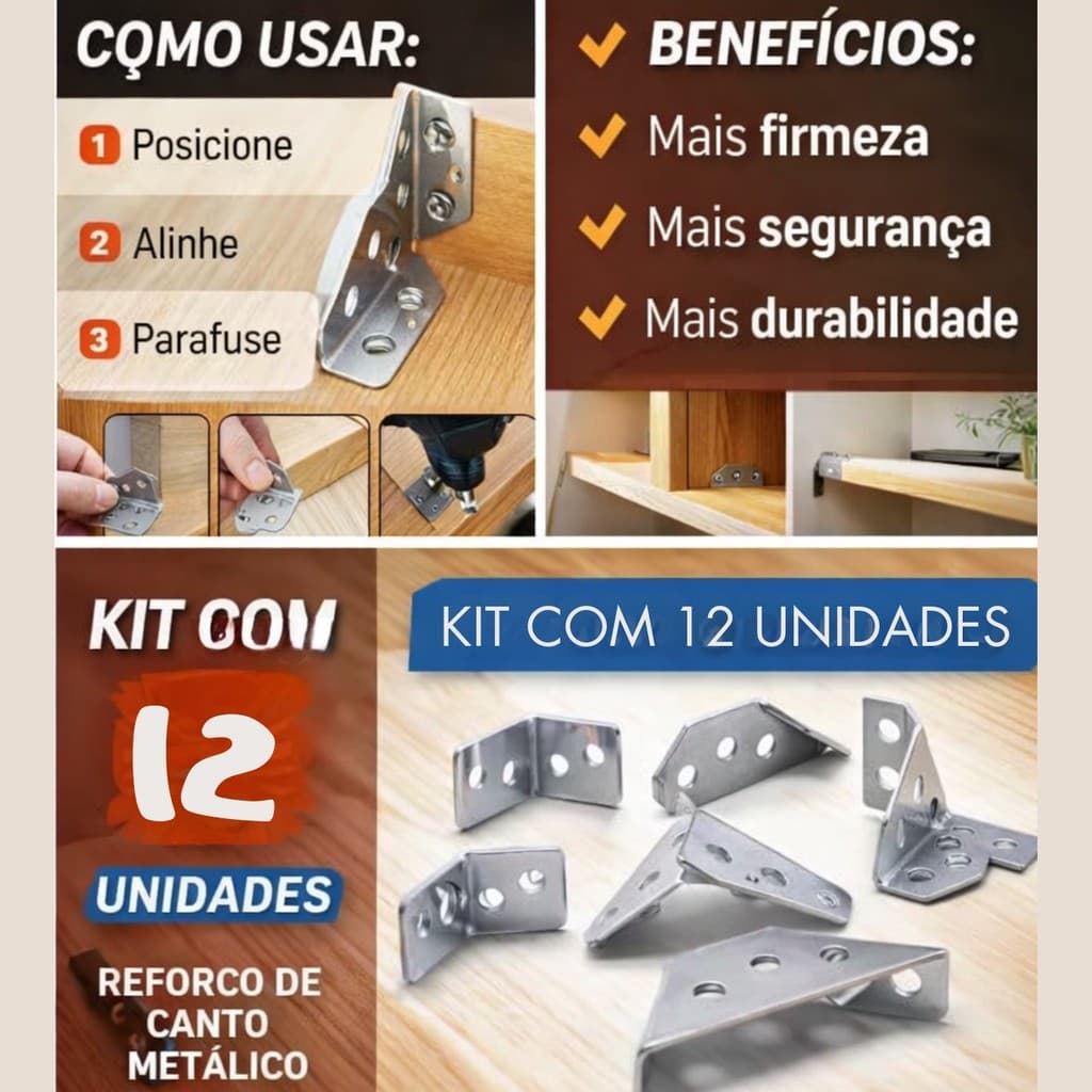 Cantoneira para Moveis bancos Cadeiras Aço L Reforço Estrutura Moveis Kit 12 Un