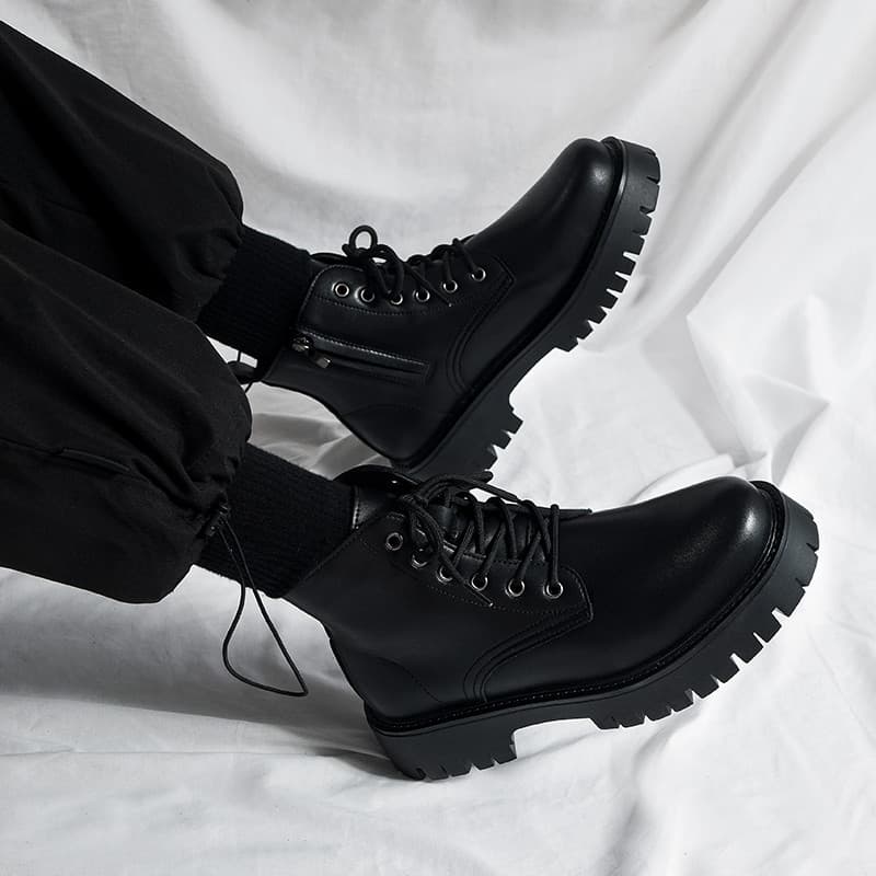 Botas Martin com zíper lateral, estilo britânico de cano alto, couro genuíno, macacão preto, botas de motocicleta, prima