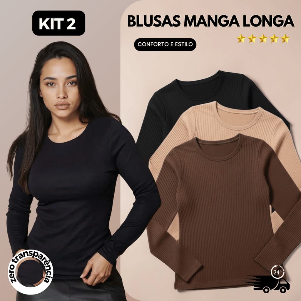 Kit 2 Blusas Feminina Canelada Manga Longa Segunda Pele Básica