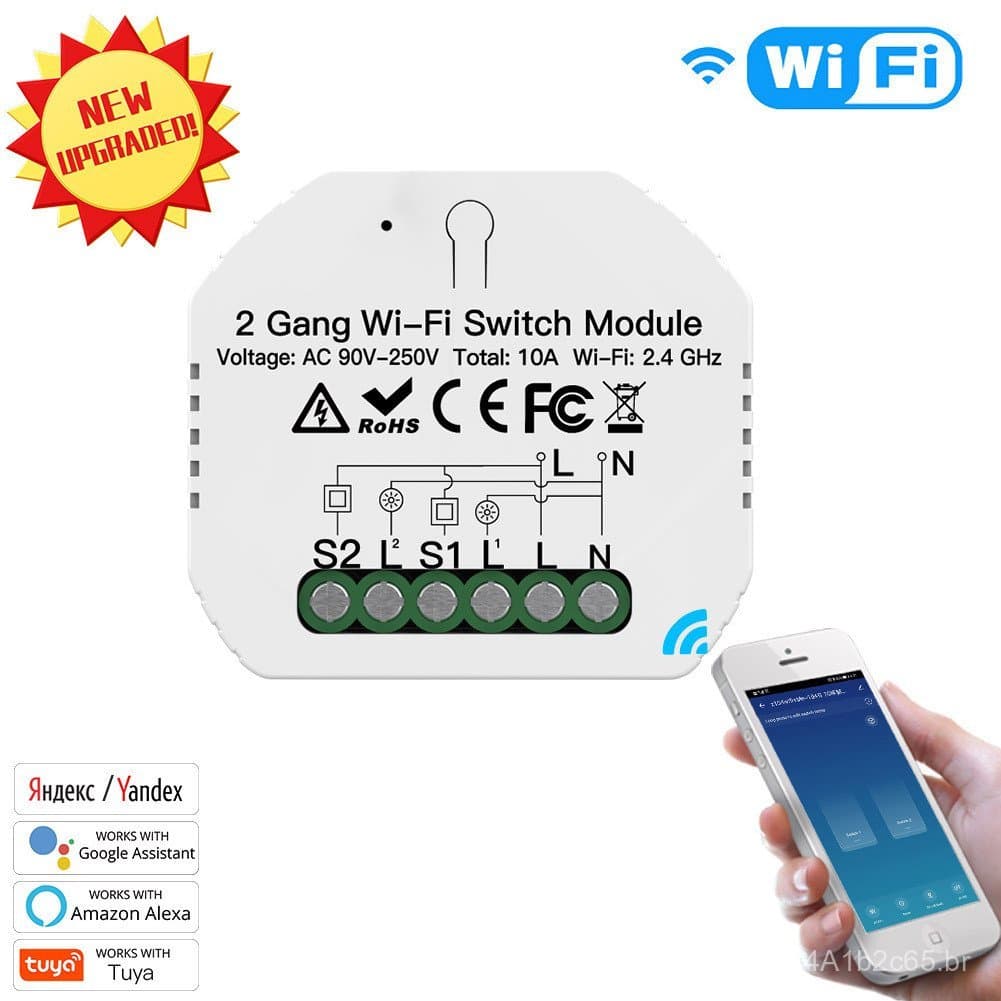 Interruptor Inteligente WiFi Tuya com Controle Remoto Programado por Aplicativo, Painel de Interruptor de Controle Duplo