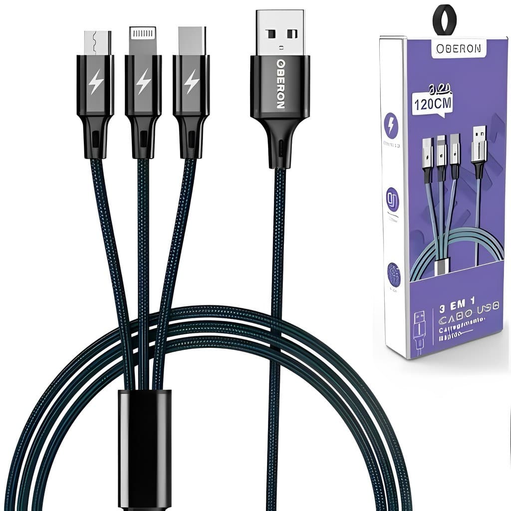 Cabo Turbo V8 para Dados e Carregamento 3 em 1 USB (Lightning, Tipo-C e Micro USB) Todas as Marcas
