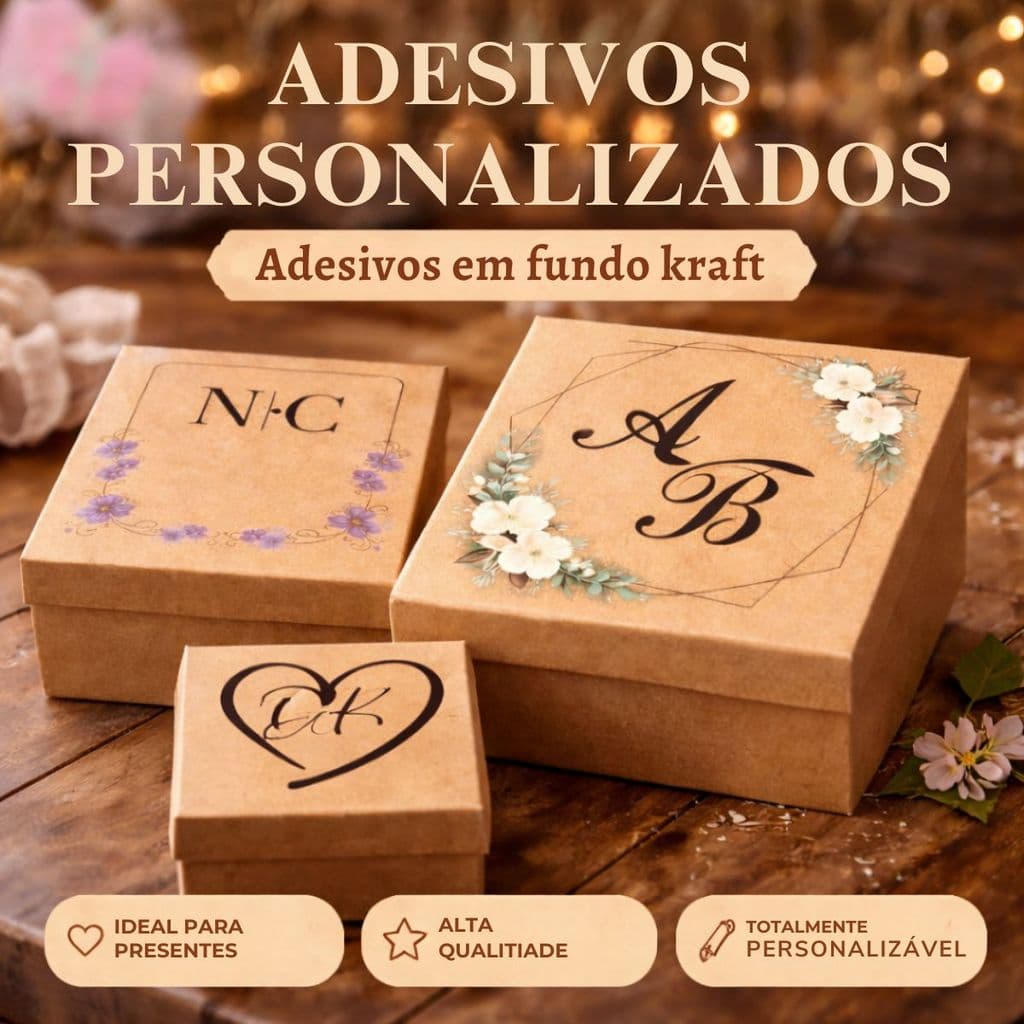 Kit Adesivos Personalizados Para Caixa de Padrinho e MAdrinha Premium Fundo Kraft - 15X15 cm