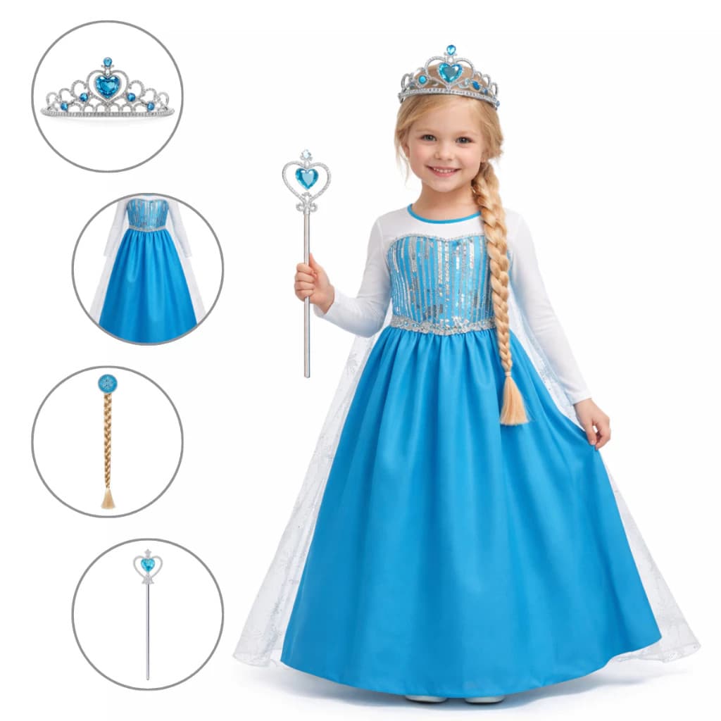 Vestido Frozen Fantasia Infantil Elsa Acessórios 4 pçs Menina Infantil Festa Aniversário Disney Princesas
